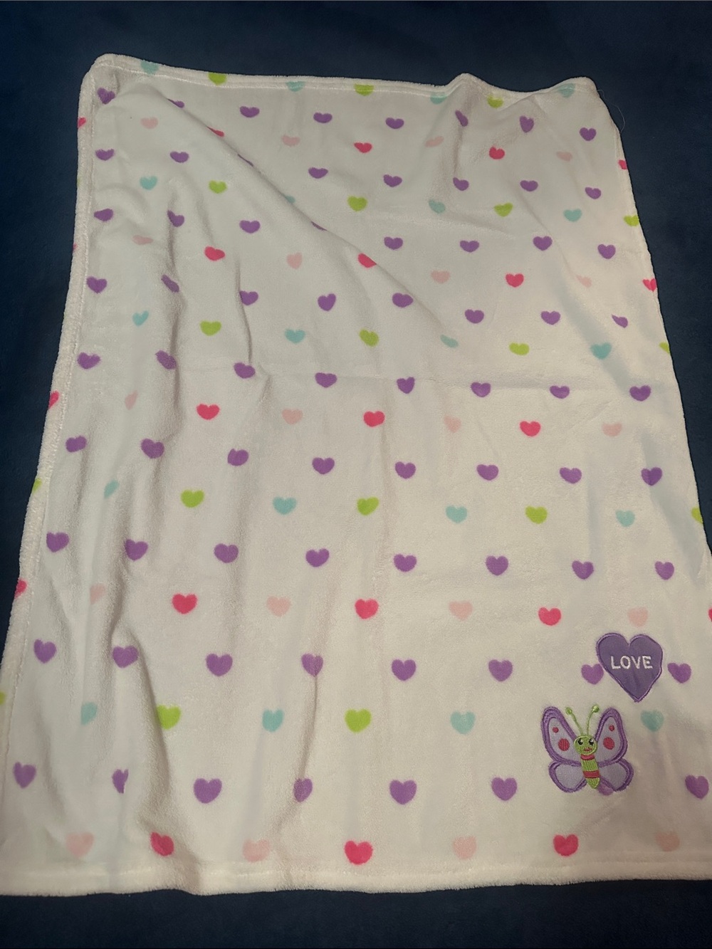 Plush White Baby Blanket with Multicolor Hearts & Butterfly/Love Heart Applique